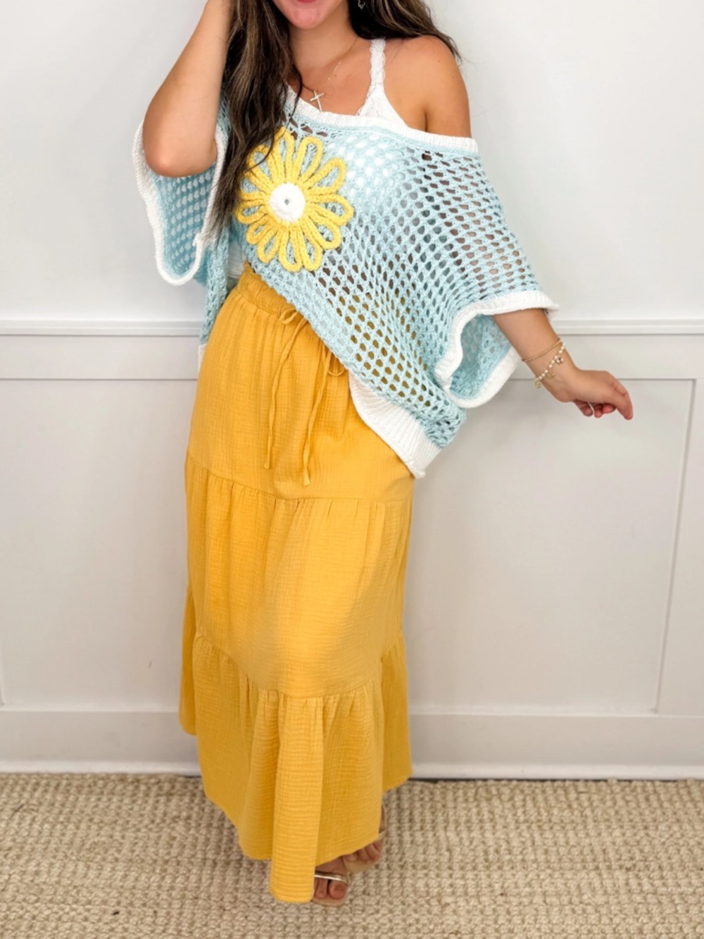 Light Blue Off-Shoulder Crochet Sweater Top with Yellow Daisy